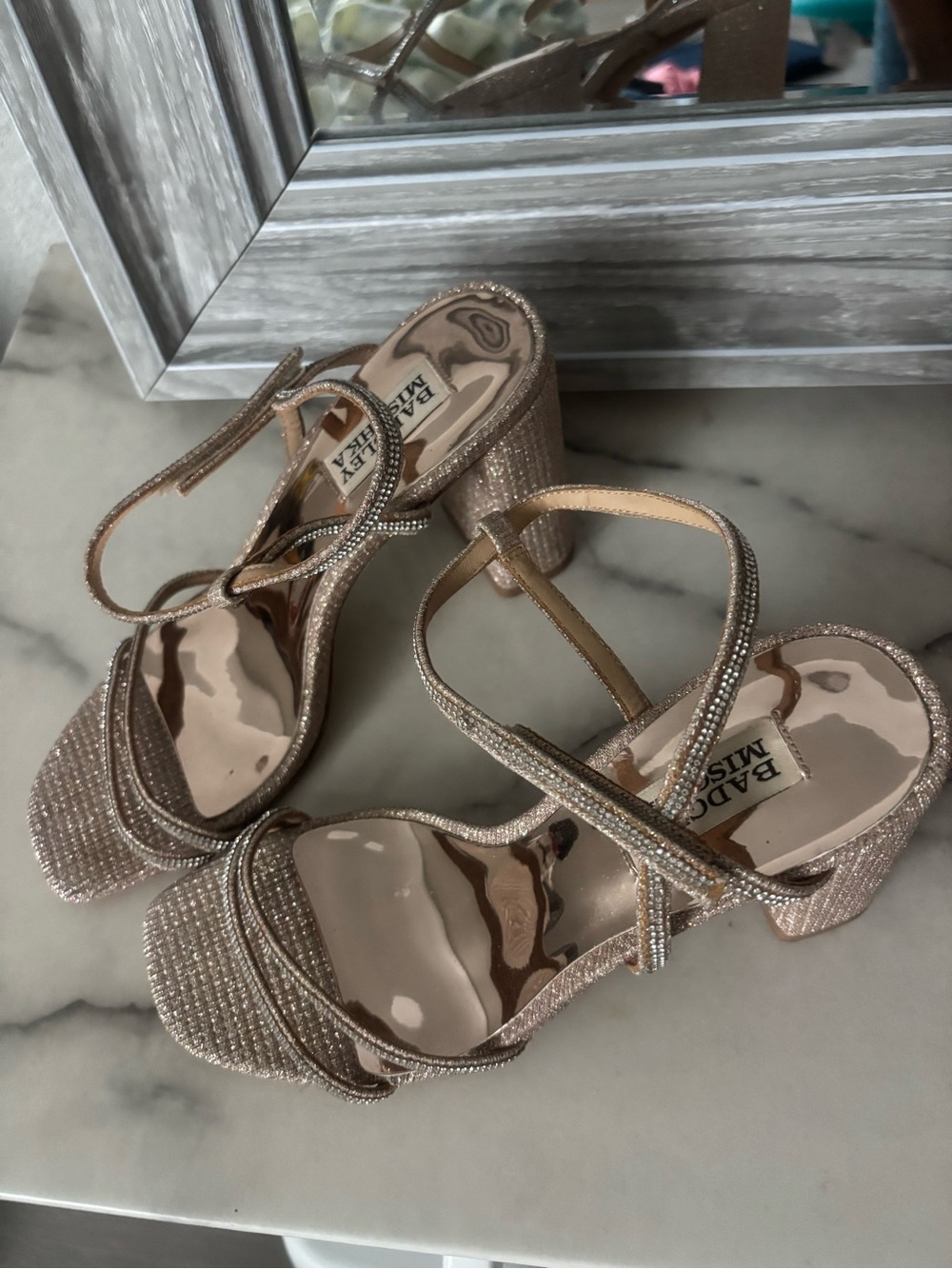Badgley Mischka Sparkling Rose-Gold Strappy Block Heel Sandals